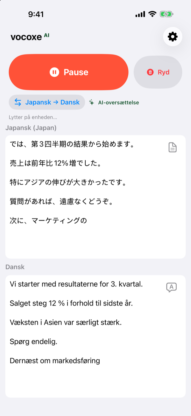 Lytter til et møde, japansk ved siden af dansk