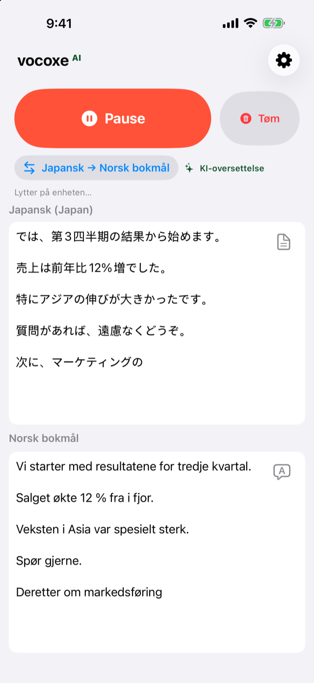 Lytter til et møte, japansk ved siden av norsk